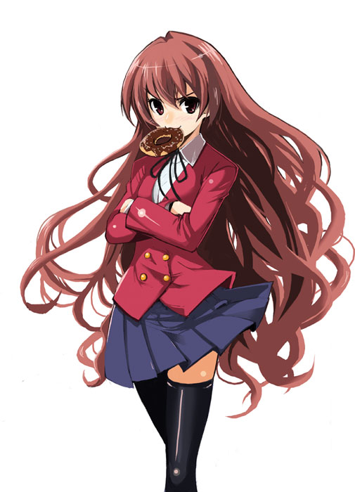 adult, brown_hair, crossed_arms, dekosenn, doughnut, long_hair, mouth_hold, school_uniform, skirt, takuji_(dekosenn), thigh-highs, thighhighs, toradora!, very_long_hair
