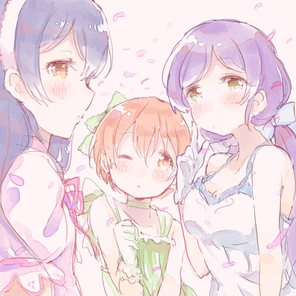 3girls, bangs, blue_hair, blush, choker, closed_mouth, commentary_request, dress