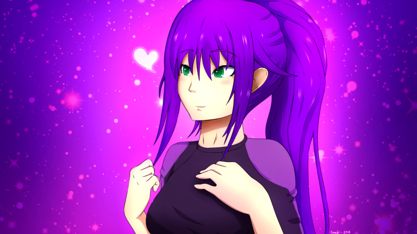 gradient_background, green_eyes, heart, kate, original, ponytail, purple_hair, snekkestsnek