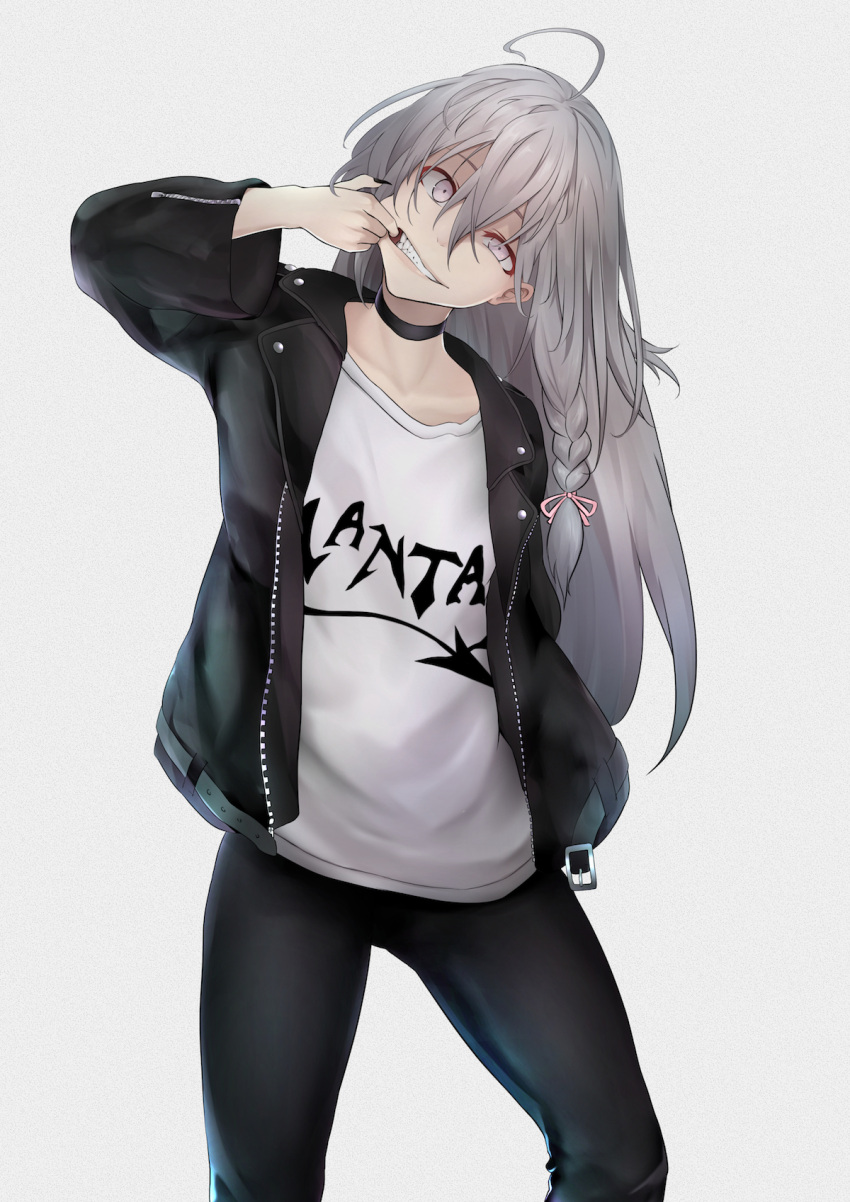 1girl, ahoge, arms_behind_back, belt, bow, braid, choker, contrapposto