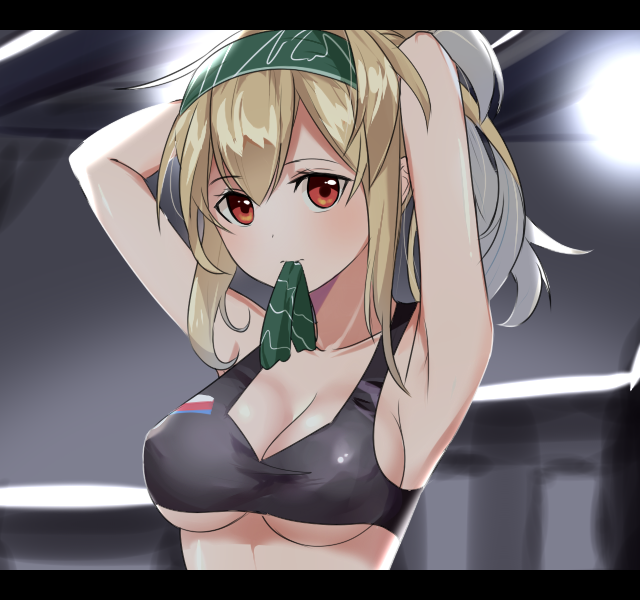 1girl, armpits, arms_up, black_bra, blush, bra, breasts, brown_eyes