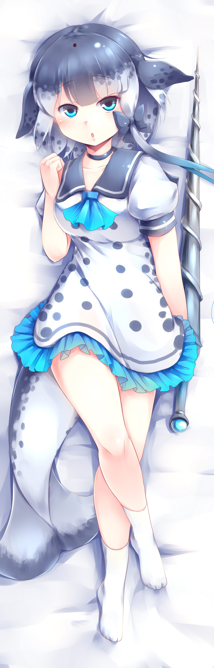 1girl, absurdres, aqua_eyes, arm_at_side, ascot, bed_sheet, black_bow, black_choker