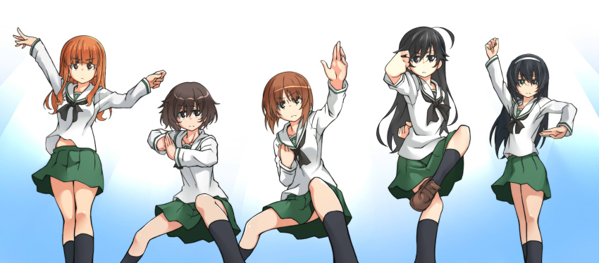 5girls, absurdres, akiyama_yukari, bangs, black_hair, black_legwear, blunt_bangs, brown_eyes