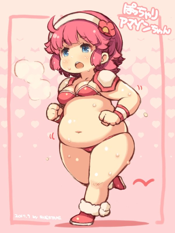 1girl, 2017, ahoge, amazon_(mamotte_knight), ankle_boots, artist_name, bangs, big_belly, bikini, blue_eyes, blush, boots, breasts, breath, character_name, cleavage, dated, dot_nose, eyebrows, eyebrows_visible_through_hair, facing_away, fat, flower, fur_trim, hairband, heart, heart_background, heavy_breathing, leg_up, looking_away, mamotte_knight, midriff, motion_lines, navel, open_mouth, pauldrons, pink_background, pink_bikini, pink_footwear, pink_hair, pom_pom_(clothes), running, shigatake, short_hair, small_breasts, solo, stomach, swimsuit, white_hairband, wristband
