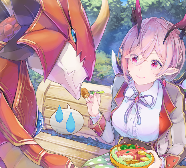 1girl, antennae, bench, blue_eyes, bowl, day, dragon, food, fork, kagutsuchi_(xenoblade), oskulolu, outdoors, pink_eyes, pink_hair, pointy_ears, sgwhitell, shironeko_project, sitting, speech_bubble, sweatdrop, tree
