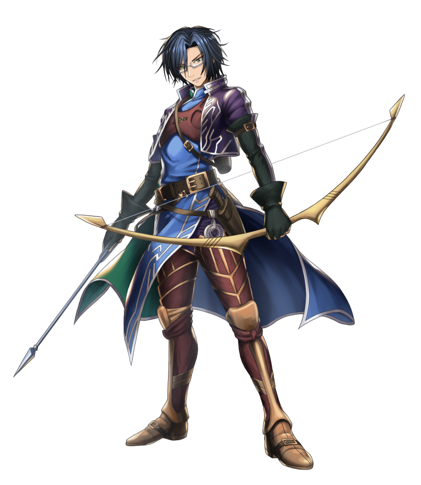 1boy, arrow, belt, bettle_(b_s_a_n), black_gloves, black_hair, bow_(weapon), brown_footwear, brown_legwear, elbow_gloves, glasses, gloves, knife, oscar_(sennen_sensou_aigis), sennen_sensou_aigis, sheath, sheathed, solo, standing, weapon