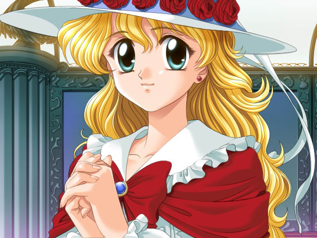 blonde_hair, blue_eyes, bow, brooch, earrings, flower, frills, game_cg, hands_clasped, hat, jewelry, kaori_(shangrlia), long_hair, masaki_takei, ribbon, rose, shangrlia_(elf), shangrlia_2, smile, solo, sun_hat, takei_masaki