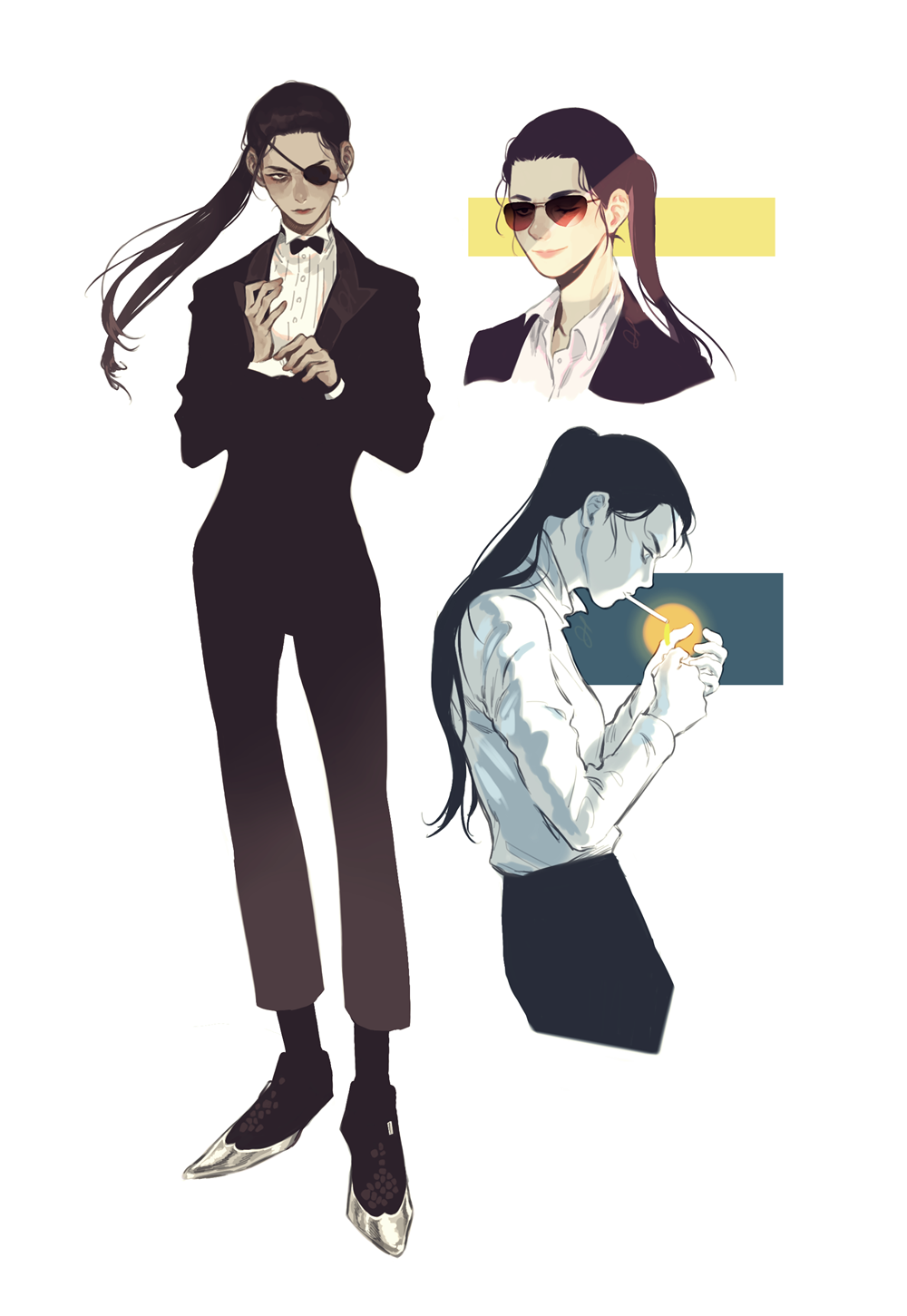bow, bowtie, eyepatch, formal, genderswap, genderswap_(mtf), highres, koshimoro, lighting_cigarette, majima_gorou, one_eye_closed, ponytail, ryuu_ga_gotoku, shirt, smoking, suit, sunglasses