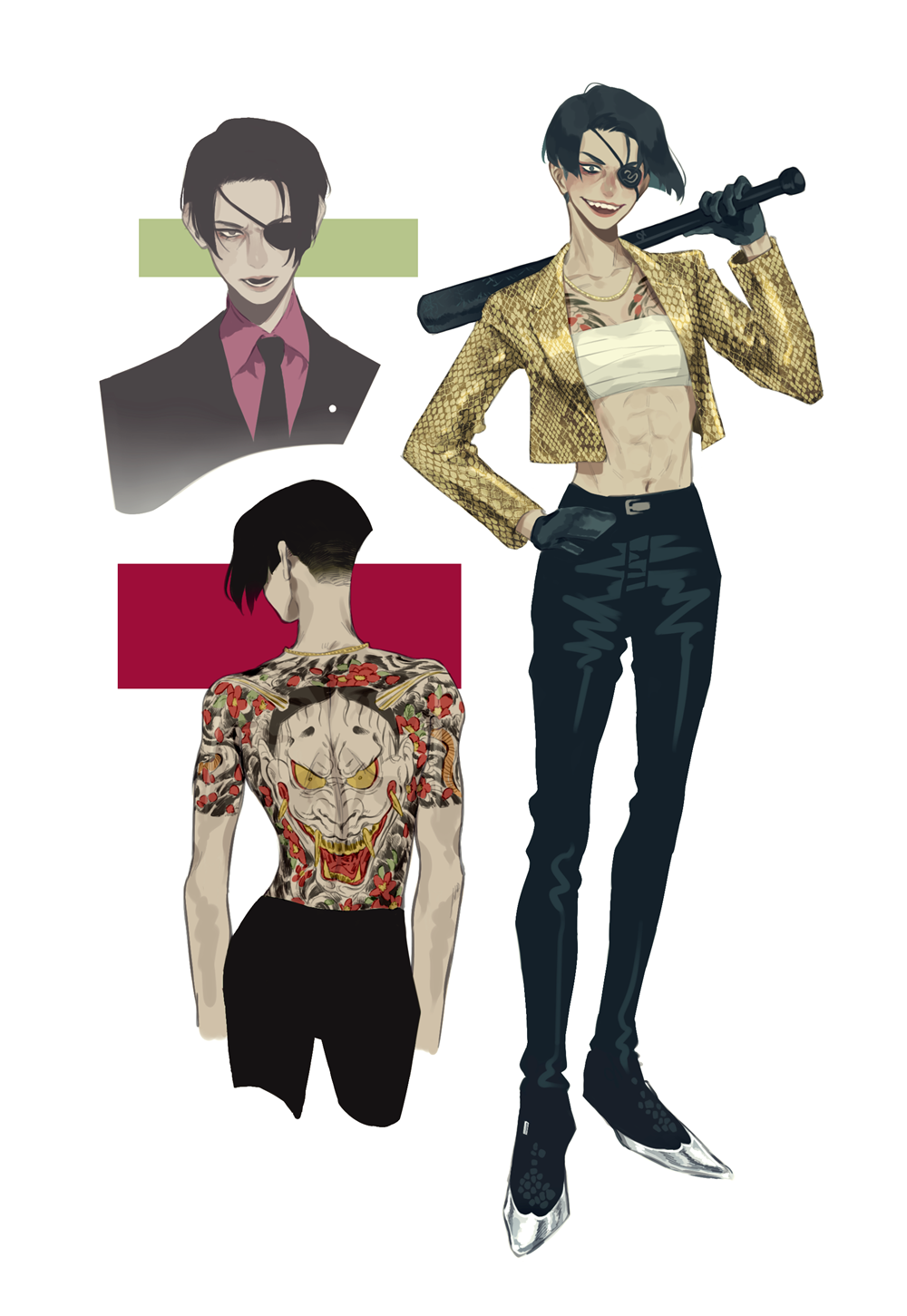 abs, baseball_bat, evil_grin, evil_smile, eyepatch, formal, from_behind, genderswap