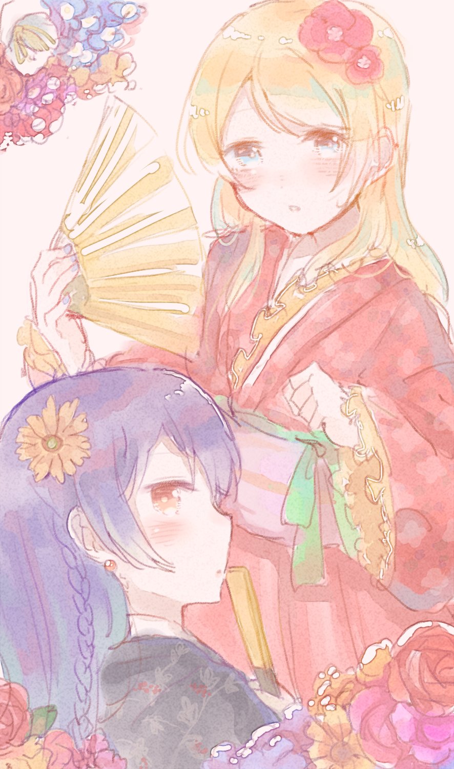 2girls, ayase_eli, bangs, blonde_hair, blue_eyes, blue_hair, blush, braid, commentary_request, fan, flower, folding_fan, hair_between_eyes, hair_flower, hair_ornament, highres, japanese_clothes, kimono, long_hair, looking_at_viewer, love_live!, love_live!_school_idol_project, multiple_girls, shijimi_kozou, sonoda_umi, wide_sleeves, yellow_eyes