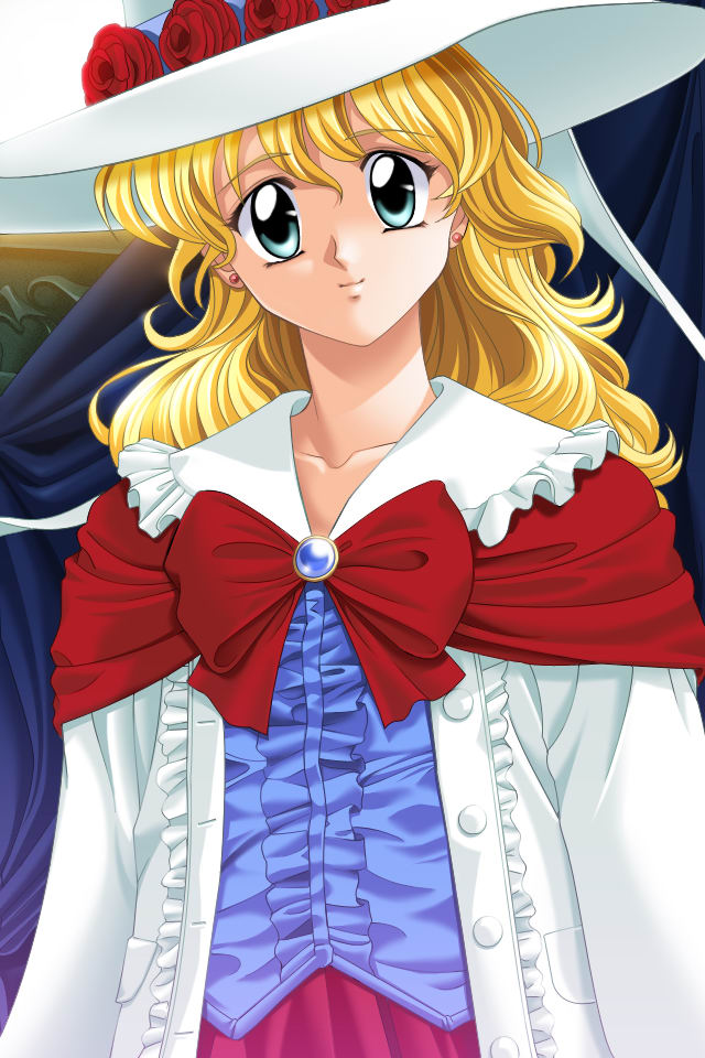 blonde_hair, blue_eyes, bow, brooch, earrings, flower, frills, game_cg, hat, jewelry, kaori_(shangrlia), long_hair, masaki_takei, ribbon, rose, shangrlia_(elf), shangrlia_2, smile, solo, sun_hat, takei_masaki