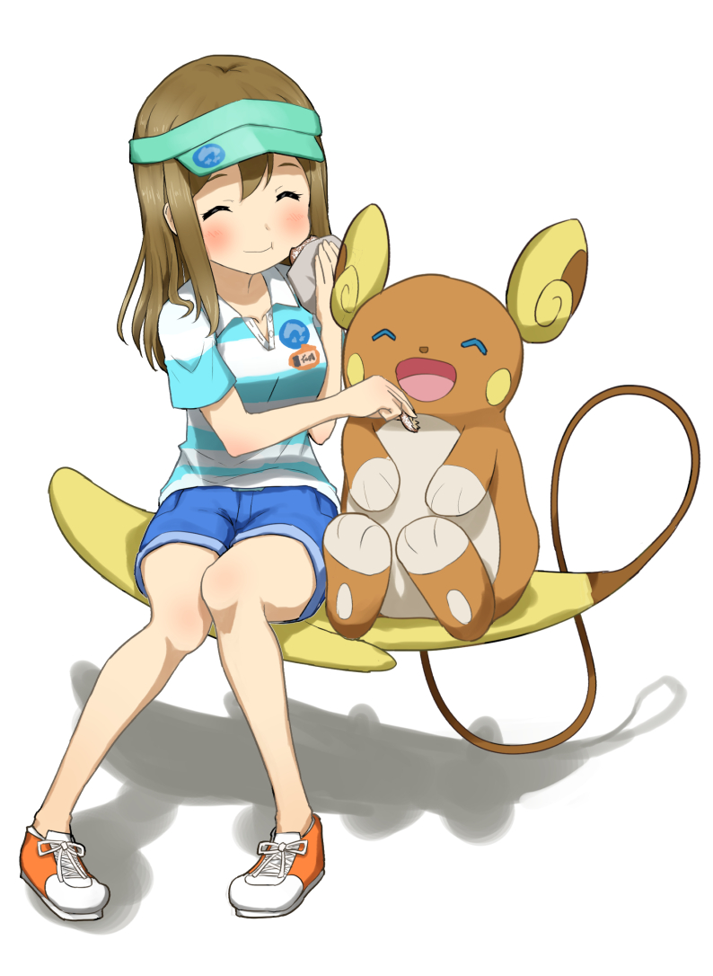 1girl, :d, ^_^, alolan_raichu, blue_shorts, blush, closed_eyes, eating