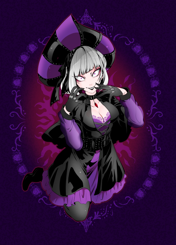 1girl, bangs, belt, black_gloves, black_legwear, black_lipstick, breasts, choker