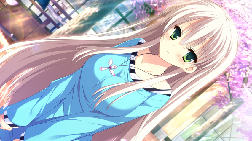 1girl, blonde_hair, dress_shirt, game_cg, green_eyes, jewelry, kozakura_ryou, long_hair