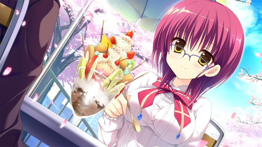 1girl, breasts, chair, cherry_blossoms, food, fruit, game_cg, glasses, ice_cream, kashiwabara_mii, kozakura_ryou, large_breasts, majo_koi_nikki, pink_hair, short_hair, table, yellow_eyes