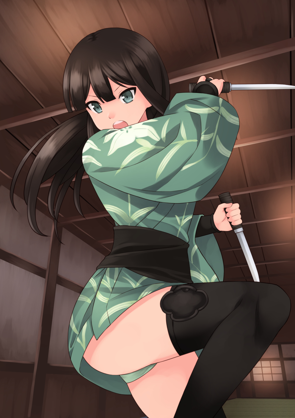 1girl, akemiho_tabi_nikki, black_hair, black_legwear, dual_wielding, green_eyes, highres, indoors
