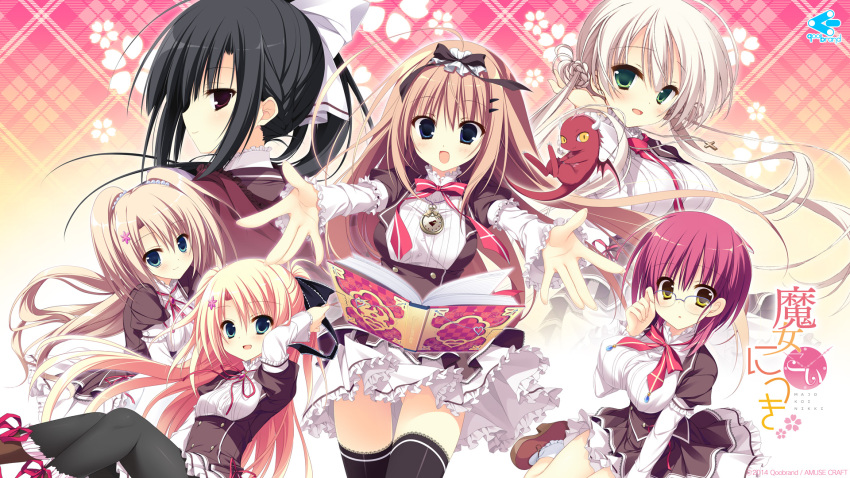 5girls, asakura_hayate, bangs, black_hair, blonde_hair, blue_eyes, book, copyright_name