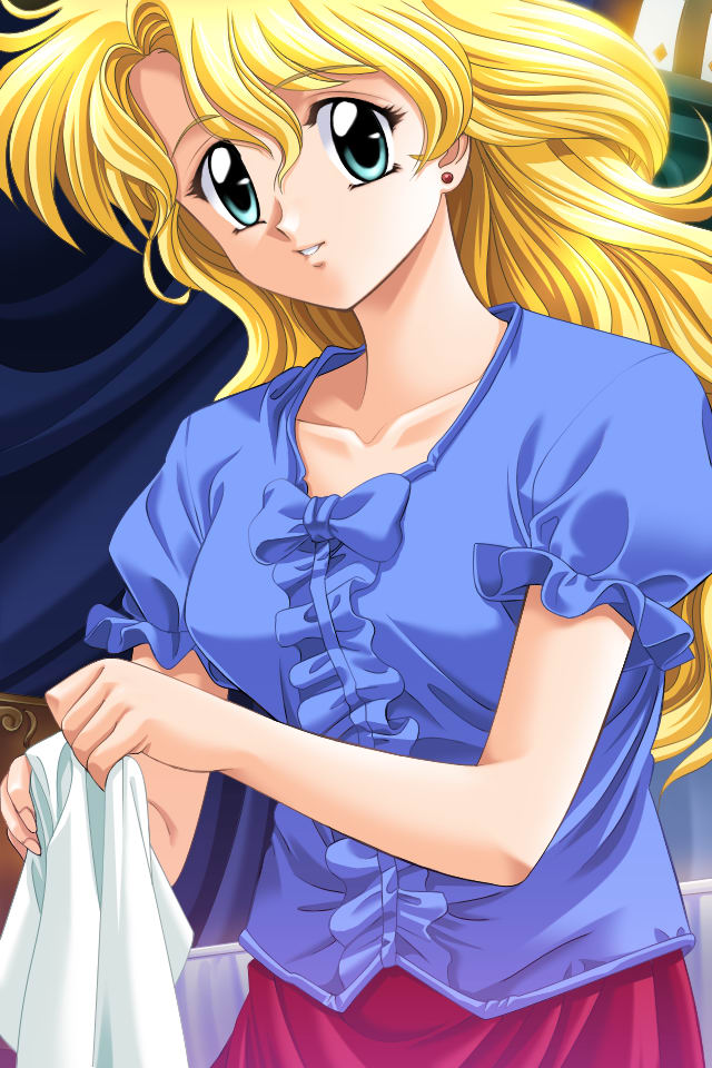 blonde_hair, blue_eyes, bow, earrings, frills, game_cg, jewelry, kaori_(shangrlia)
