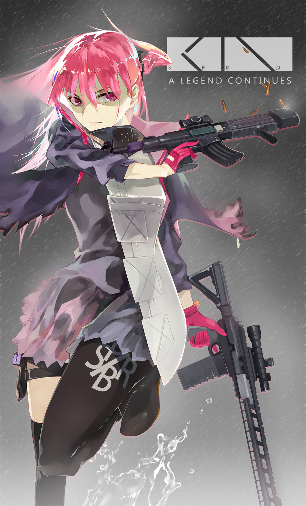 1girl, ar-15, armor, asymmetrical_legwear, bangs, black_footwear, black_gloves, black_legwear, bullet, closed_mouth, dual_wielding, eyebrows_visible_through_hair, floating_hair, girls_frontline, gloves, gun, hair_between_eyes, hair_ornament, half_gloves, handgun, highres, holding, holding_gun, holding_weapon, holster, honey_badger_(gun), jacket, long_hair, looking_at_viewer, magazine, mid-stride, multicolored_hair, nero4, one_leg_raised, one_side_up, pink_gloves, pink_hair, rain, red_eyes, remodel_(girls_frontline), rifle, running, scarf, scope, shaded_face, shell_casing, skirt, solo, splashing, st_ar-15_(girls_frontline), streaked_hair, thigh-highs, thigh_holster, thigh_strap, thighs, torn_jacket, trigger_discipline, water, weapon, wind, wind_lift
