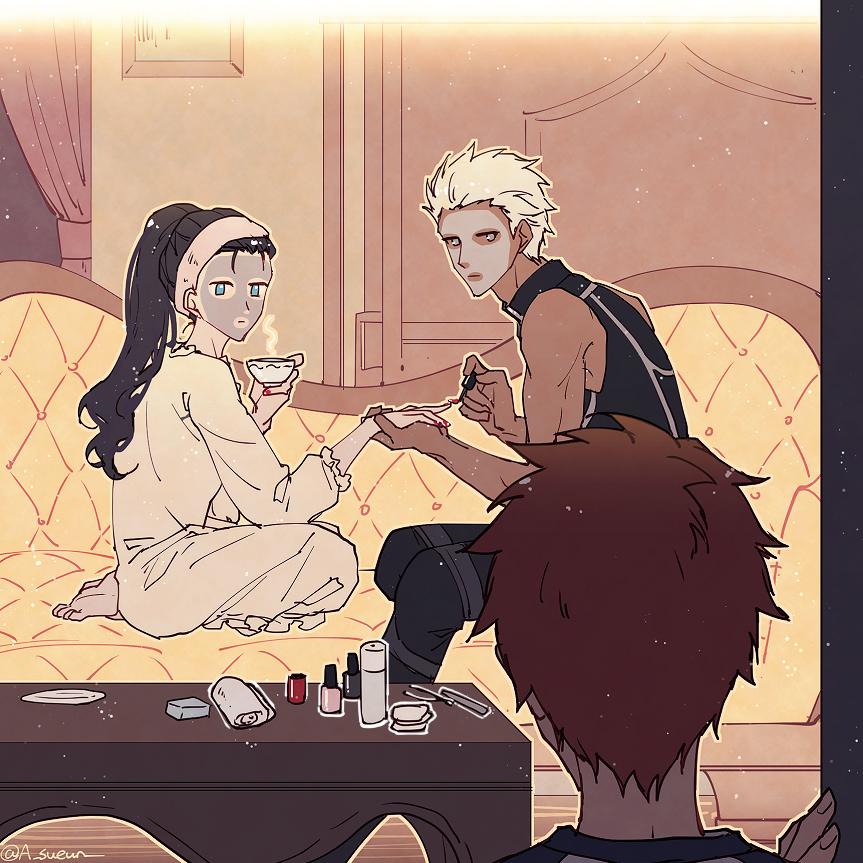 1girl, 2boys, alternate_hairstyle, applying_makeup, archer, barefoot, black_hair, blue_eyes, couch, dark_skin, dark_skinned_male, emiya_shirou, facial_mask, fate/stay_night, fate_(series), feet, grey_eyes, hair_up, holding_hand, kneeling, long_hair, long_sleeves, makeup, multiple_boys, nail_polish, orange_hair, painting_nails, pajamas, ponytail, red_nails, sitting, sleeveless, soles, table, toes, tohsaka_rin, white_hair, zelovel