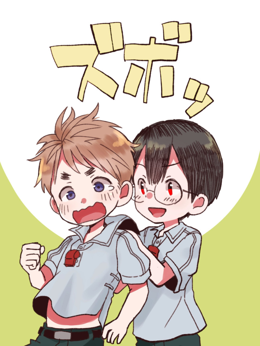 2boys, :d, belt, black_hair, blue_shirt, brown_hair, collared_shirt, commentary_request