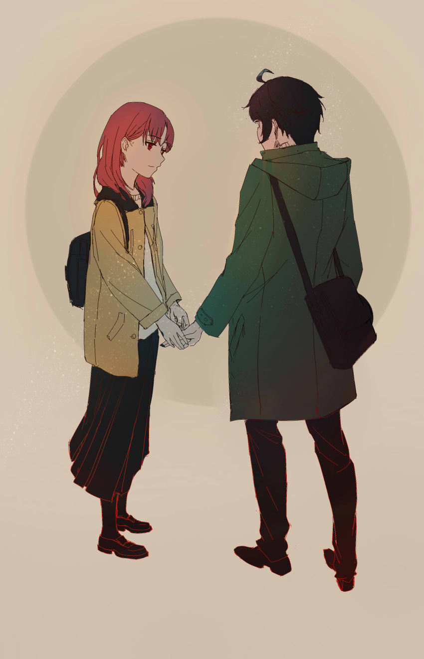 absurdres, ahoge, backpack, bag, black_footwear, black_hair, black_legwear, black_skirt, hetero, highres, hong_yu, hood, hood_down, izumi_eita, jacket, just_because!, natsume_mio, red_eyes, redhead, sketch, skirt, standing