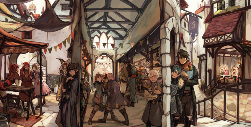 6+boys, 6+girls, against_wall, anna_(fire_emblem), bag, callum_(fire_emblem), casual, city