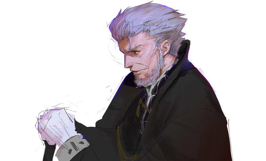 1boy, bangs, beard, black_coat, coat, facial_hair, fate/stay_night, fate_(series)