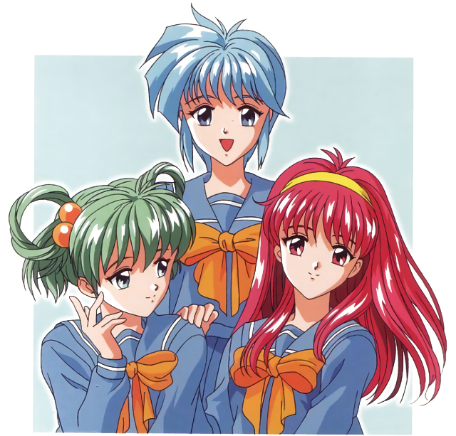 3girls, blue_eyes, blue_hair, forearms_at_chest, fujisaki_shiori, green_eyes, green_hair, hair_bobbles, hair_ornament, hairband, hand_on_another's_shoulder, kokura_masashi, long_hair, long_sleeves, looking_at_viewer, multiple_girls, nijino_saki, official_art, open_mouth, red_eyes, redhead, school_uniform, short_hair, smile, tatebayashi_miharu, tokimeki_memorial