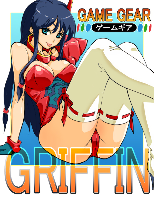 1girl, :p, black_hair, blue_eyes, breasts, cleavage, handheld_game_console, large_breasts