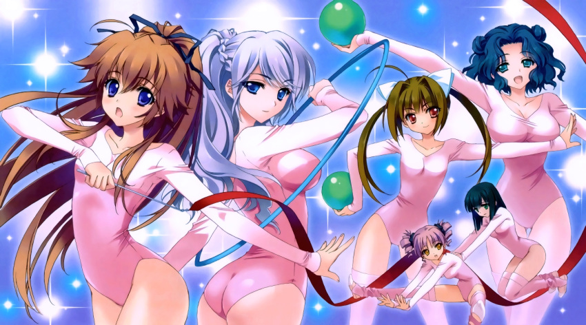 6+girls, ahoge, ass, ball, black_hair, blue_eyes, blue_hair, braid