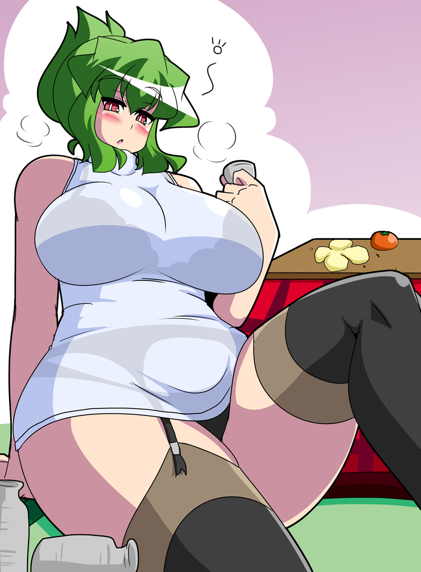 1girl, :o, akasode_(tyaramu), alternate_costume, alternate_hairstyle, bare_arms, bare_shoulders, black_legwear