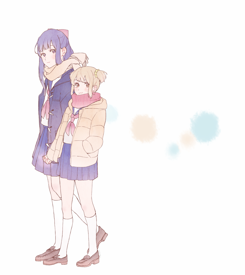2girls, :3, blue_hair, blush, bow, brown_eyes, coat, hair_bow, hand_holding, interlocked_fingers, kneehighs, light_brown_hair, loafers, long_hair, looking_at_viewer, multiple_girls, open_clothes, open_coat, pipimi, pleated_skirt, poptepipic, popuko, scarf, schally+, school_uniform, scrunchie, serafuku, shoes, short_hair, sidelocks, simple_background, skirt, two_side_up, white_legwear, winter_clothes, winter_coat
