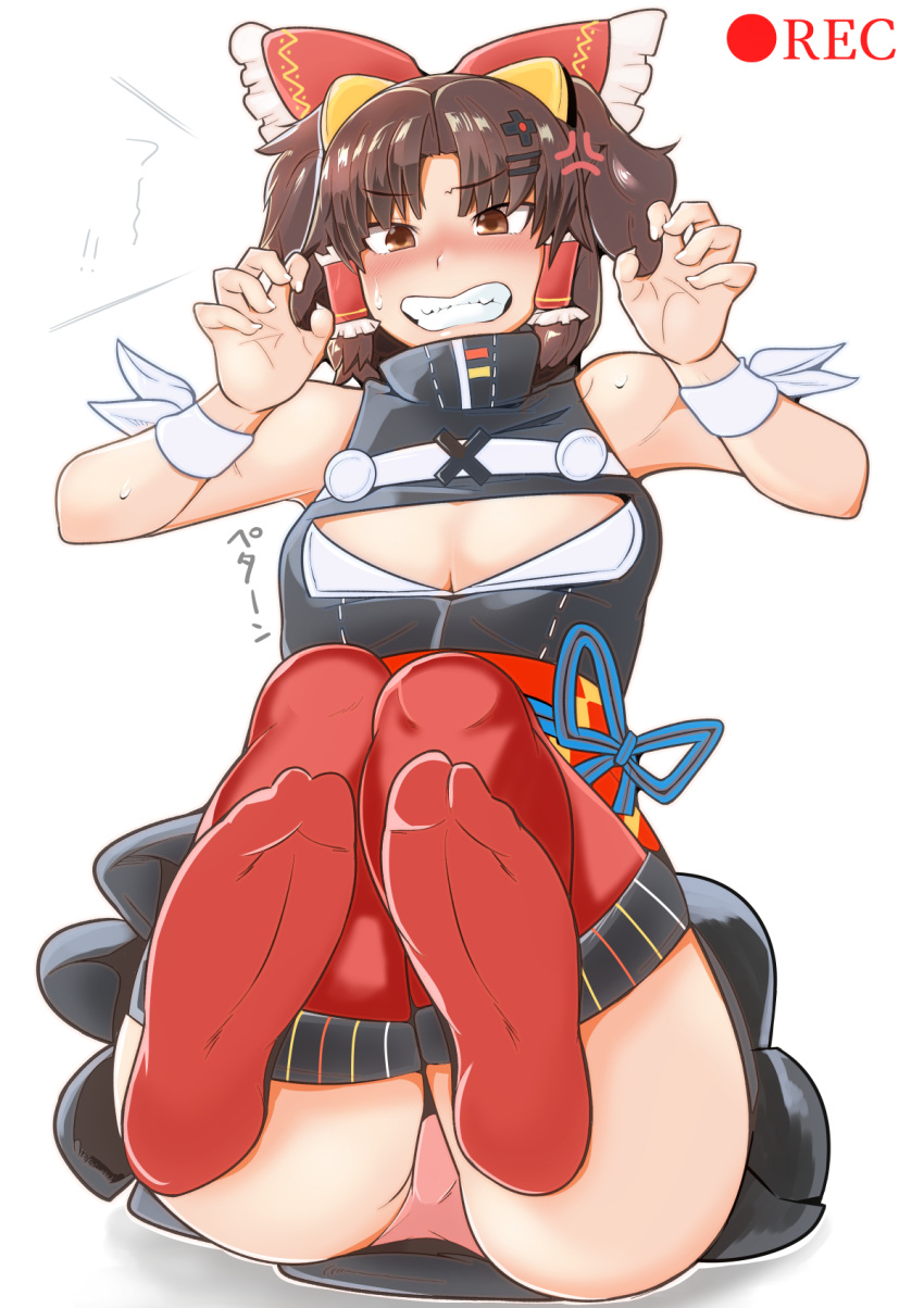 1girl, anger_vein, angry, bare_arms, bare_shoulders, benikurage, black_dress, blue_ribbon