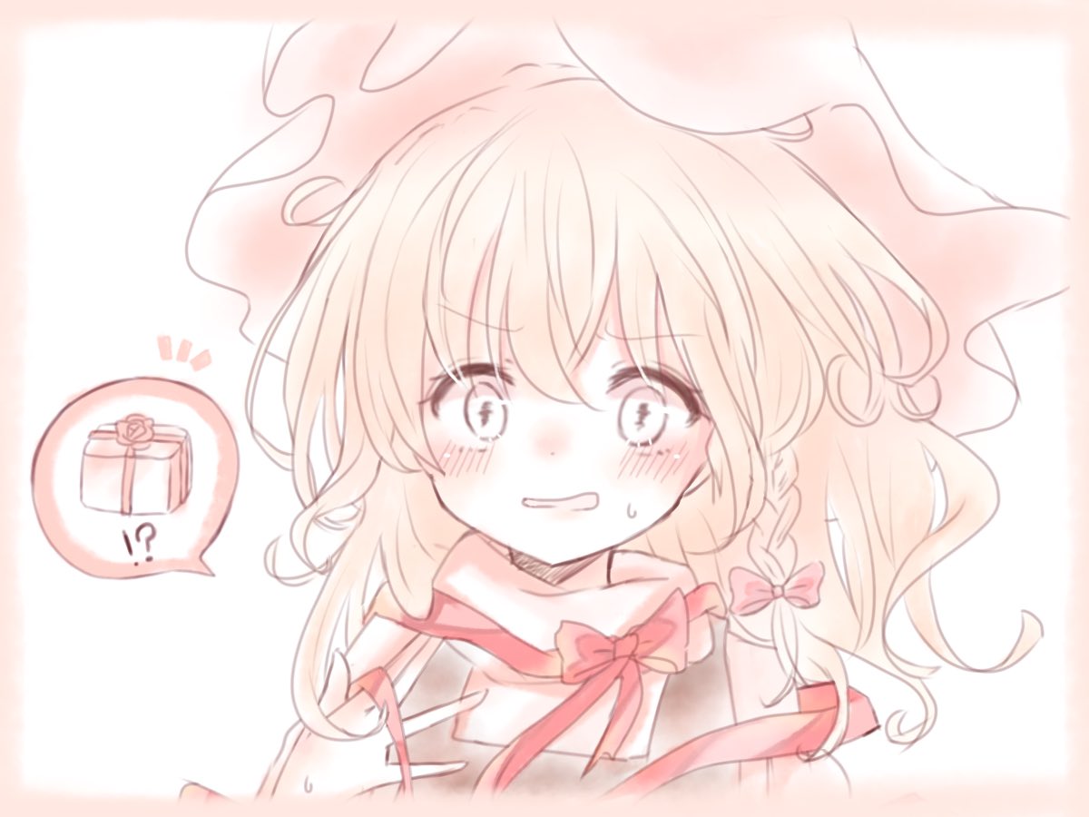 !?, 1girl, blonde_hair, blush, box, braid, embarrassed, gift, gift_box, hananenmi, hat, kirisame_marisa, single_braid, solo, spoken_gift, sweat, touhou, turtleneck, vest, wrapped_up