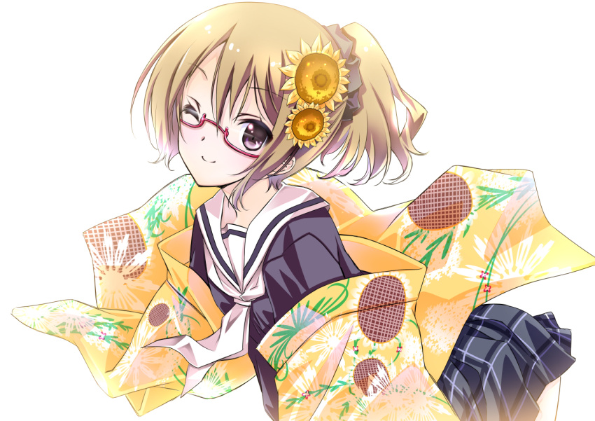 1girl, alternate_hairstyle, brown_hair, eyebrows_visible_through_hair, flower, glasses, hair_flower, hair_ornament