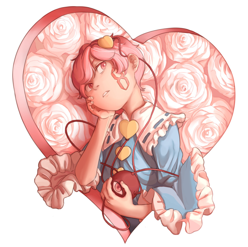1girl, 8, blue_shirt, commentary, facepaint, fingernails, flower, frilled_sleeves