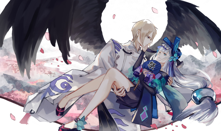1boy, 1girl, aoandon, black_wings, blue_eyes, carrying, daitengu, hetero