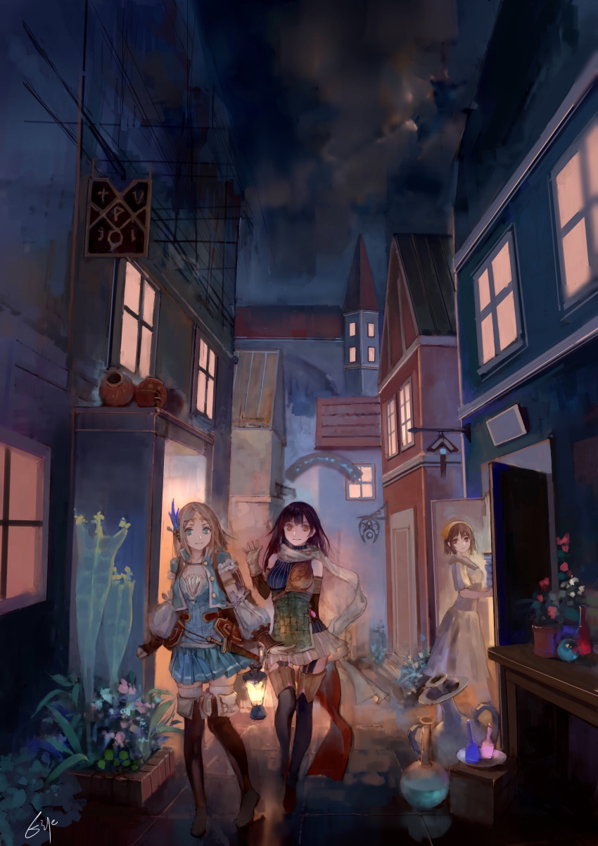 3girls, absurdres, arm_behind_back, atelier_(series), atelier_firis, black_hair, book_stack, boots, breasts, brown_eyes, brown_gloves, brown_hair, building, circlet, clenched_hand, closed_mouth, dress, erlenmeyer_flask, firis_mistlud, flower, gloves, green_eyes, head_scarf, highres, holding, ittou, large_breasts, liane_mistlud, long_hair, looking_at_viewer, multiple_girls, night, outdoors, plant, potted_plant, road, round-bottom_flask, scarf, siblings, sign, sisters, smile, sophie_neuenmuller, street, thigh-highs, thigh_boots, walking, waving, white_dress, white_scarf, window