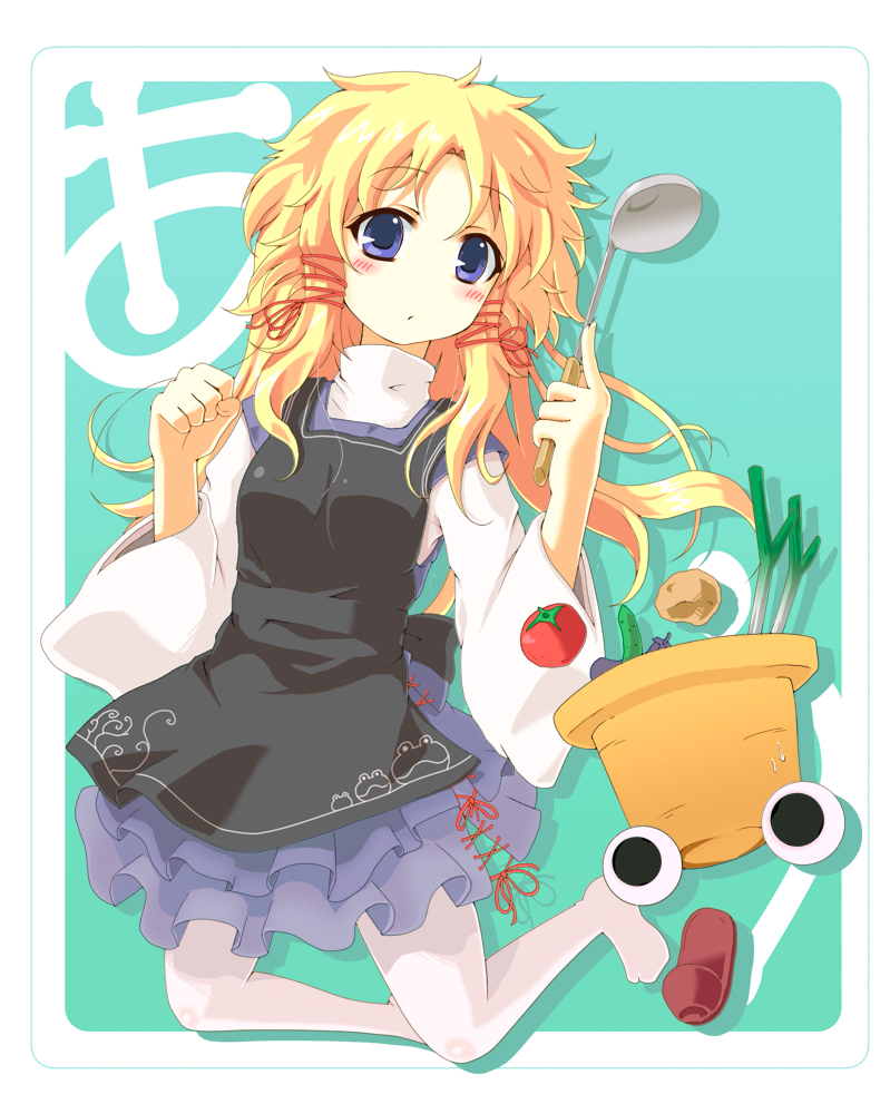 aqua_background, bad_id, blonde_hair, blue_eyes, cucumber, duplicate, eggplant, floating, food, frog, hat, hat_removed, headwear_removed, ladel, ladle, long_sleeves, messy_hair, moriya_suwako, nejime, pantyhose, potato, potatoes, solo, spring_onion, thigh-highs, tomato, touhou, vegetable