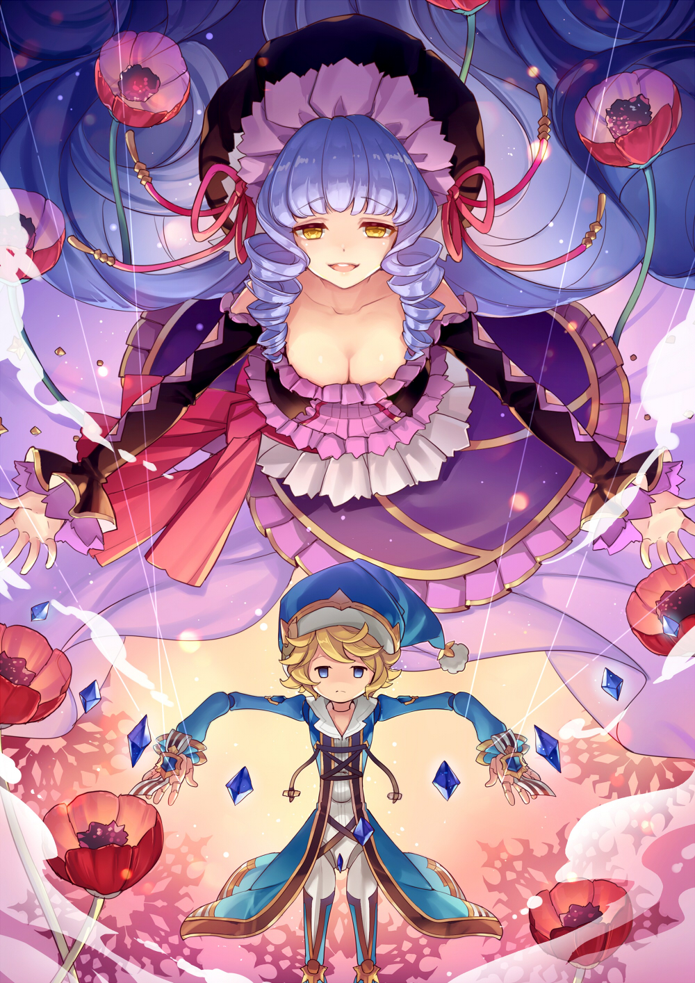 1girl, :d, achan_(blue_semi), betor_(granblue_fantasy), blonde_hair, blue_eyes, blue_hat, blush