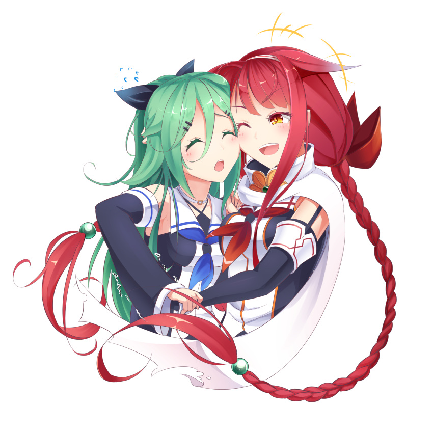 2girls, absurdres, belt, black_gloves, black_ribbon, black_serafuku, black_skirt, blue_neckwear