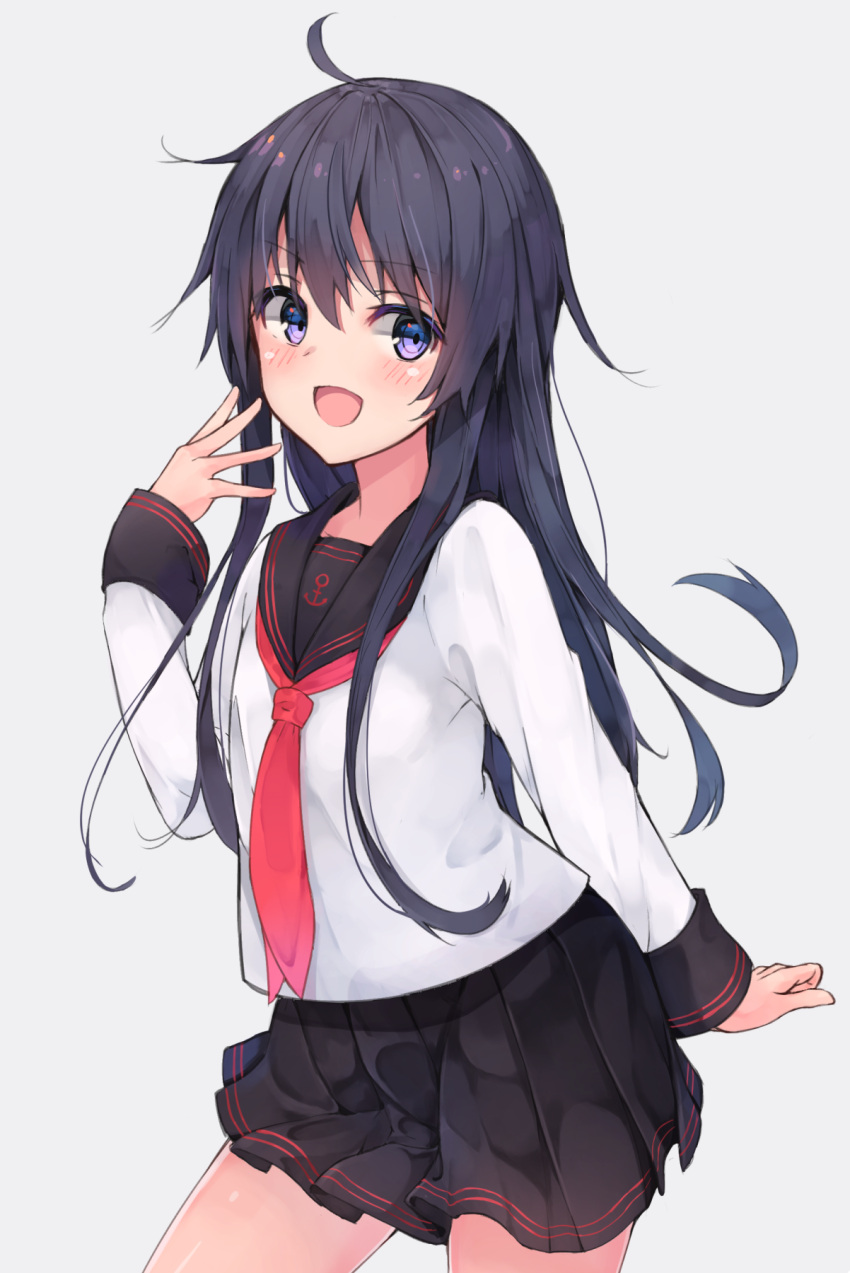 1girl, :d, akatsuki_(kantai_collection), black_sailor_collar, black_skirt, grey_background, hachita_(odangoya), hair_between_eyes