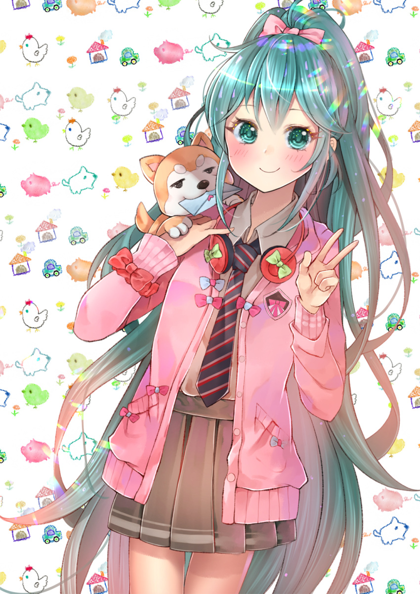 1girl, abstract_background, ahoge, alternate_costume, alternate_hairstyle, animal, animal_on_shoulder, aqua_eyes, aqua_hair, black_neckwear, blazer, blush, bow, brown_skirt, closed_mouth, collared_shirt, cowboy_shot, dog, dutch_angle, emblem, grey_shirt, hair_bow, hand_on_own_chest, hatsune_miku, headphones, headphones_around_neck, highres, jacket, letter, long_hair, long_sleeves, love_letter, mouth_hold, narami, necktie, open_blazer, open_clothes, open_jacket, pink_bow, pink_jacket, pleated_skirt, ponytail, red_bow, school_uniform, shirt, skirt, smile, solo, standing, striped_neckwear, thigh_gap, unbuttoned, v, very_long_hair, vocaloid, wing_collar, wrist_bow