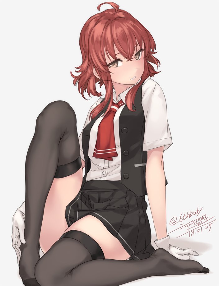 1girl, ahoge, arashi_(kantai_collection), artist_name, black_skirt, black_vest, blouse, brown_eyes