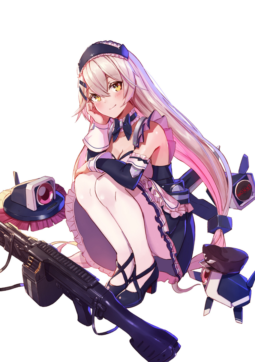 1girl, alternate_costume, apron, bangs, black_bow, black_footwear, blush, bow, bow_choker, breasts, bullet, character_name, choker, cleavage, collarbone, corset, detached_sleeves, dinergate_(girls_frontline), enmaided, frilled_choker, frilled_skirt, frills, full_body, girls_frontline, gun, h&amp;k_mg4, hair_between_eyes, hair_ornament, hairclip, hat, head_in_hand, head_tilt, heckler_&amp;_koch, highres, holding, holding_mop, holding_shoes, long_hair, looking_at_viewer, low_twintails, magazine_(weapon), maid, maid_apron, maid_headdress, medium_breasts, mg4_(girls_frontline), pantyhose, peaked_cap, ranyu, shoes, sidelocks, silver_hair, simple_background, skirt, smile, solo, squatting, twintails, very_long_hair, weapon, white_background, white_legwear, yellow_eyes