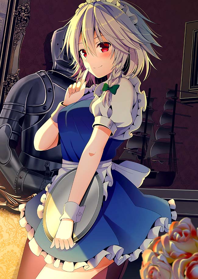 1girl, apron, armor, blue_dress, blush, bow, closed_mouth, dress, dutch_angle, flower, green_bow, hair_between_eyes, hair_bow, hand_up, index_finger_raised, indoors, izayoi_sakuya, long_hair, looking_at_viewer, maid_headdress, model_ship, photo_(object), puffy_short_sleeves, puffy_sleeves, red_eyes, short_dress, short_sleeves, silver_hair, smile, solo, touhou, tray, waist_apron, wrist_cuffs, yuuka_nonoko