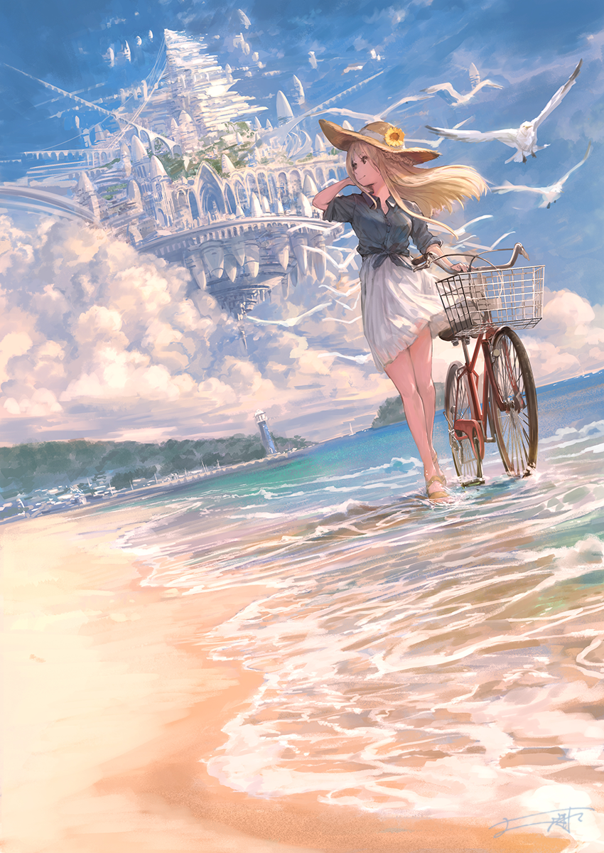1girl, arm_up, bangs, bare_legs, beach, bicycle_basket, bird, blonde_hair