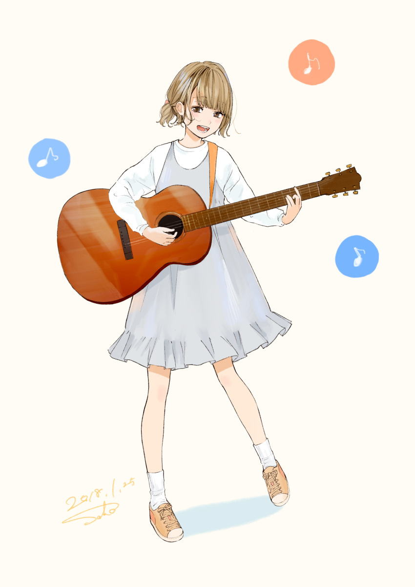 1girl, absurdres, acoustic_guitar, artist_name, bangs, blonde_hair, brown_eyes, commentary_request