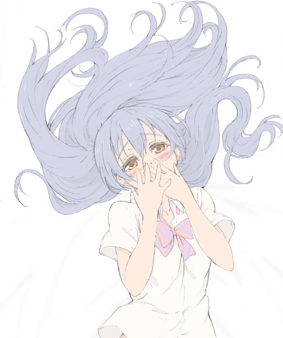 1girl, bangs, blue_hair, blush, bow, bowtie, commentary_request, covering_mouth